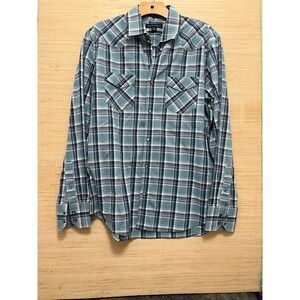 Banana Republic Mens M Western Snap‎ Front Plaid Shirt Teal Navy Long Sleeve